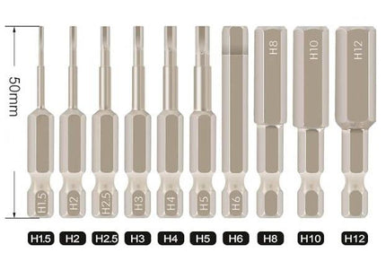10pcs Hexagon Head Drive Bit Set ( H1.5-H12 ) - Magnetic 1/4" Shank - 50mm Length