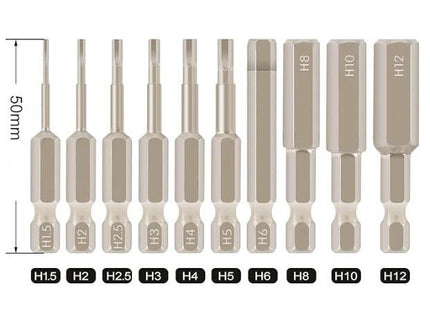 10pcs Hexagon Head Drive Bit Set ( H1.5-H12 ) - Magnetic 1/4" Shank - 50mm Length