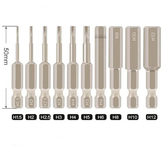 10pcs Hexagon Head Drive Bit Set ( H1.5-H12 ) - Magnetic 1/4" Shank - 50mm Length