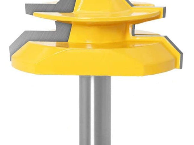 McJING Tools 45° Lock Mitre Bit for precision woodworking and joinery, showcasing the sharp cutting edges and locking mechanism.