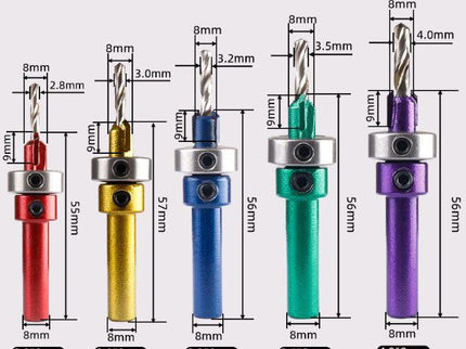 5pc Carbide Tipped Drill & Countersink with Stop Set (8mm Shank)