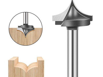 McJING Tools point cutting roundover bit with 1/4 inch shank, showing the sharp cutting edge and smooth roundover profile.