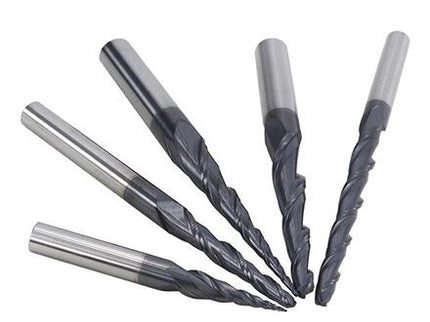 Solid carbide taper upcut spiral bit with ball-end from McJING Tools, showing the cutting edges and tapered design for precision milling.