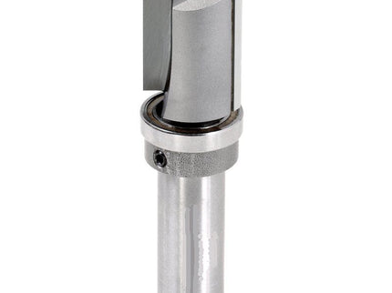 McJING Tools top mounted bearing flush trim bit with 1/4-inch shank, showing the cutting edge and bearing for precise woodworking.