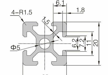 Aluminium Extrusion 20x20 6mm Groove - 1000mm
