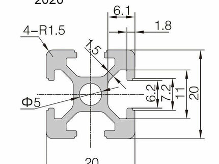 Aluminium extrusion 20x20mm with 6mm groove by McJING Tools, showing the silver 1000mm length with precise groove detail.