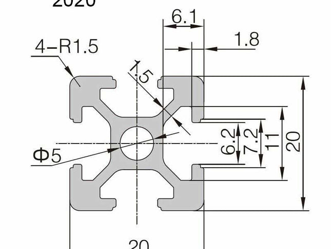 Aluminium Extrusion 20x20 6mm Groove - 1000mm