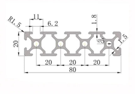 Aluminium Extrusion 20x80 6mm Groove - 1000mm