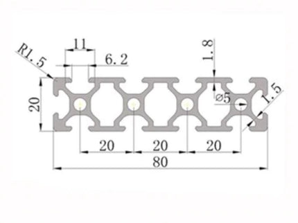 Aluminium extrusion 20x80mm with 6mm groove from McJING Tools, 1000mm length, showing the lightweight metal profile with groove detail.
