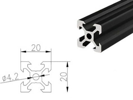 Black aluminium V-slot extrusion 20x20mm from McJING Tools, 1000mm length, showing the sleek, anodized finish and precise profile.