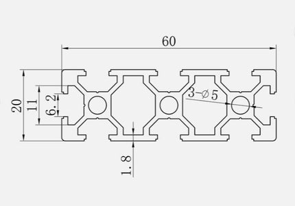 Aluminium Extrusion 20x60 6mm Groove - 1000mm