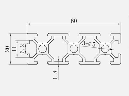 Aluminium extrusion 20x60mm with 6mm groove from McJING Tools, 1000mm length, showing a silver anodized surface and groove detail.
