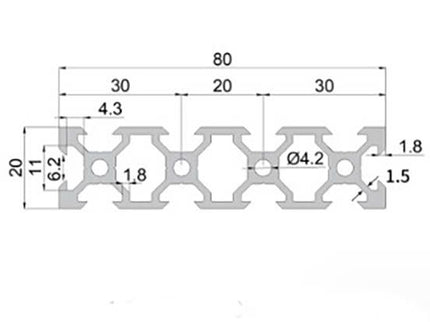 Black aluminium extrusion 20x80 V-Slot from McJING Tools, 1000mm length, showing the sleek V-shaped groove and sturdy profile.