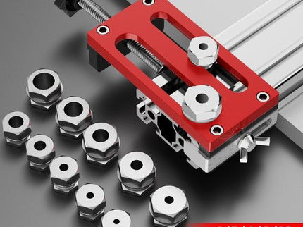 Aluminum extrusion drilling jig for 20/30/40 series by McJING Tools, shown with metal components and precise drill holes.