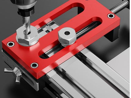 Aluminum extrusion drilling jig for 20/30/40 series by McJING Tools, shown in use with metal extrusion components.