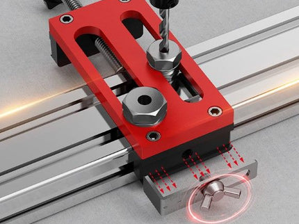 Aluminum extrusion drilling jig for 20/30/40 series by McJING Tools, showing the precise jig with drilled holes on aluminum profile.