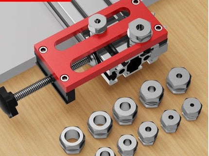 Aluminum extrusion drilling jig for 20/30/40 series by McJING Tools, showing the precision tool with metal components.
