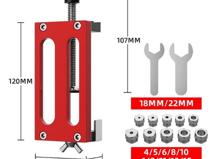 Aluminum extrusion drilling jig for 20/30/40 series by McJING Tools, showing the precision tool with multiple drill guides.