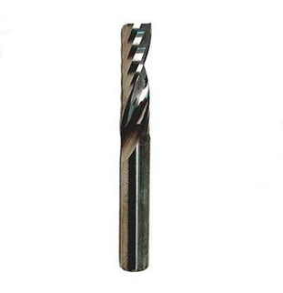 McJING Tools solid carbide single flute spiral bit for PVC and acrylic, shown in a close-up image highlighting the cutting edge.