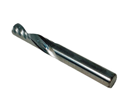 Solid carbide single flute spiral bit for PVC and acrylic by McJING Tools, featuring a sharp cutting edge and spiral design.