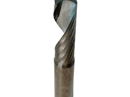 Solid carbide single flute spiral bit by McJING Tools designed for cutting PVC and acrylic, shown with sharp cutting edges.