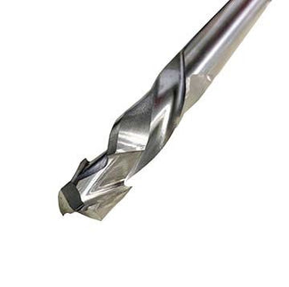 McJING Tools compression up/down spiral bit for woodworking, showing the textured cutting head and shank in a close-up view.