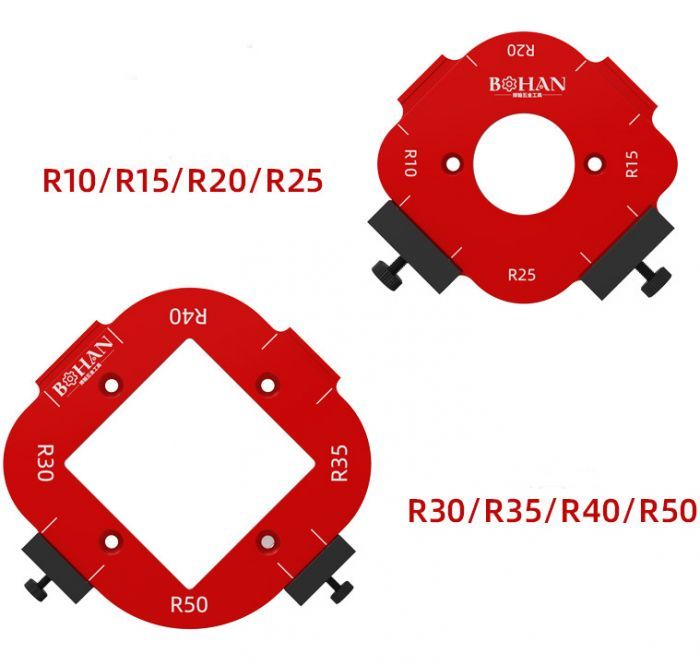 Radius Jig Router Templates For Woodworking – Aluminum Alloy Chamfer Fixture Set, R10-R50, Inner & Outer Corners, 2-Piece Set (A: R10-R25, B: R30-R50)