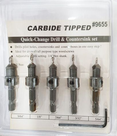 5pc Carbide Tipped Drill & Countersink Set (9.5mm Head) Quick Change Shank