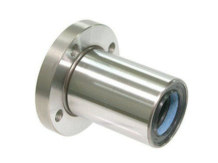 McJING Tools flange linear bearing showing a metal bearing with flange mount and smooth sliding surface for precision movement.