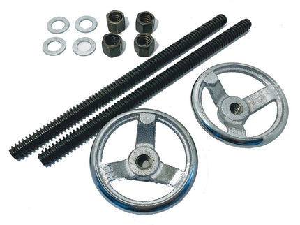 Small Moxon Vice hardware kit from McJING Tools showing metal clamps, screws, and components for woodworking clamp setup