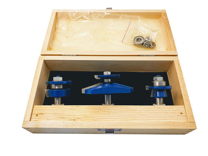 McJING Tools matched rail and stile router bit set for Shaker-style woodworking, featuring precise cutting edges for cabinetry.