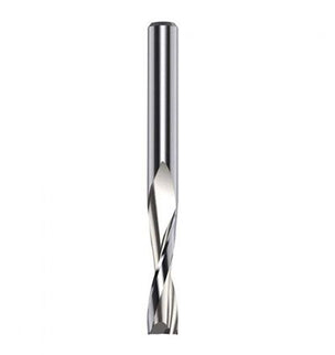 Solid carbide spiral upcut bit with 1/4 inch shank from McJING Tools, showing the cutting edges and spiral flutes.