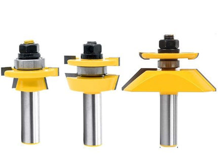 McJING Tools matched rail and stile bit set for woodworking, showing the Shaker-style joint bits and cutting edges.