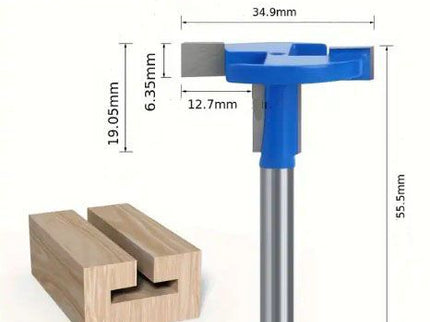 McJING Tools 1/4-inch shank T-slot cutter bit for woodworking and machining, showing the cutting edges and shank in close-up.