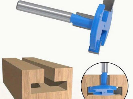 McJING Tools 1/4-inch shank T-slot cutter bit for woodworking, showing the cutting edges and T-shaped slot in the metal bit.