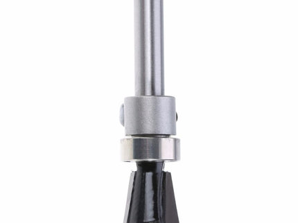 Top mounted bearing dovetail bit with 1/4 inch shank for woodworking, showing the cutting edge and bearing attachment.