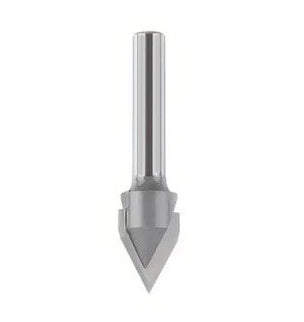 McJING Tools 60° V-Groove Router Bit showing cutting edge and V-shaped groove for woodworking projects.