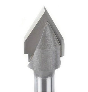 McJING Tools 60° V-Groove Router Bit showing sharp cutting edges and V-shaped groove for woodworking projects