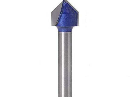 McJING Tools 90° V-Groove Router Bit with 1/4-inch shank showing cutting edges and V-shaped groove for woodworking projects.