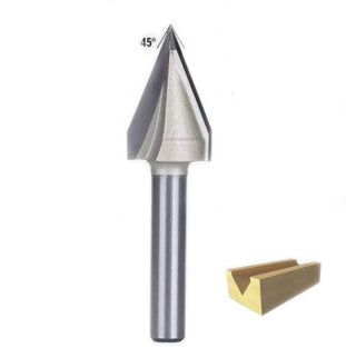 Close-up of McJING Tools 45° V-Groove Router Bit with 1/4" shank, showing the V-shaped cutting edge for woodworking projects.