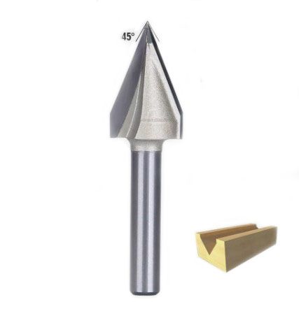 Close-up of McJING Tools 45° V-Groove Router Bit with 1/4" shank, showing the V-shaped cutting edge for woodworking projects.