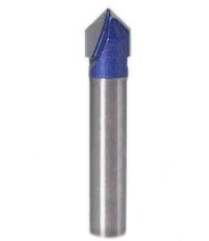 McJING Tools 90° V-Groove Router Bit with 1/4" shank, showing cutting edges and V-shaped groove for woodworking projects.